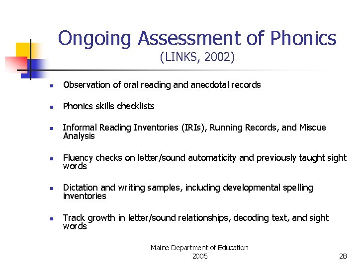 Ongoing Assessment of Phonics (LINKS, 2002) n Observation of oral reading and anecdotal records