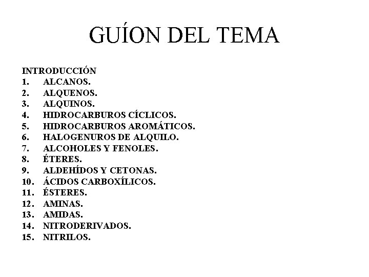 GUÍON DEL TEMA INTRODUCCIÓN 1. ALCANOS. 2. ALQUENOS. 3. ALQUINOS. 4. HIDROCARBUROS CÍCLICOS. 5.