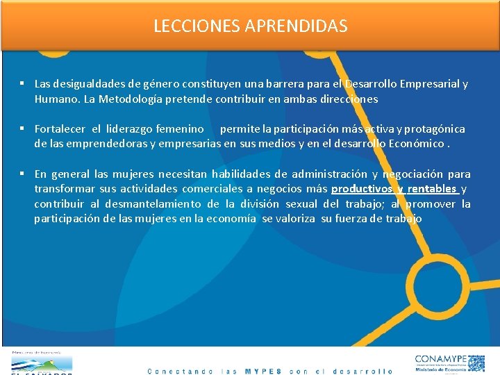 LECCIONES APRENDIDAS § Las desigualdades de género constituyen una barrera para el Desarrollo Empresarial