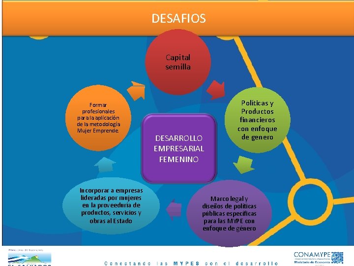 DESAFIOS Capital semilla Formar profesionales para la aplicación de la metodología Mujer Emprende. Incorporar