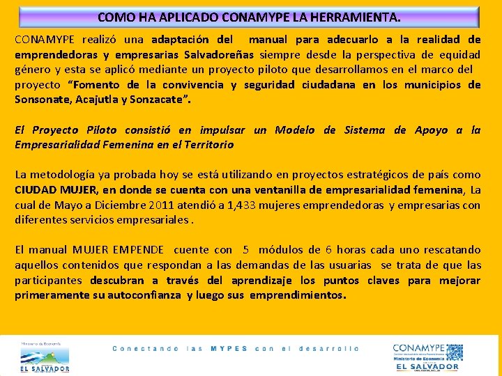 COMO HA APLICADO CONAMYPE LA HERRAMIENTA. CONAMYPE realizó una adaptación del manual para adecuarlo