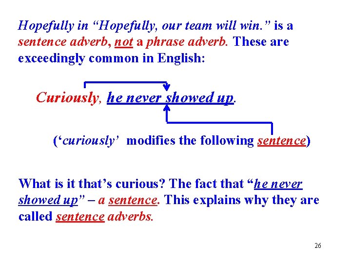 Hopefully in “Hopefully, our team will win. ” is a sentence adverb, not a