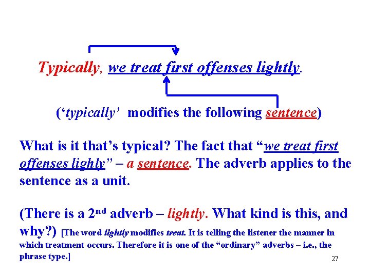 Typically, we treat first offenses lightly. (‘typically’ modifies the following sentence) What is it
