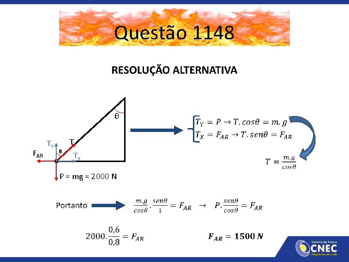 Questão 1148 • θ FAR TY T θ TX P = mg = 2000