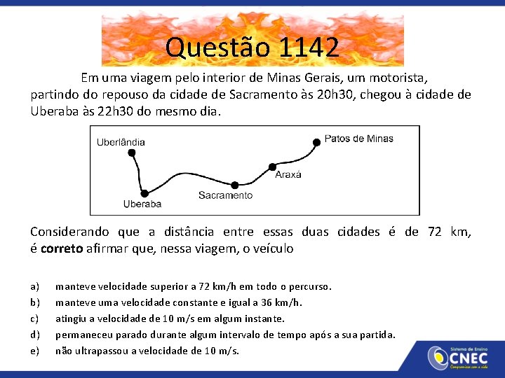 Questão 1142 Em uma viagem pelo interior de Minas Gerais, um motorista, partindo do