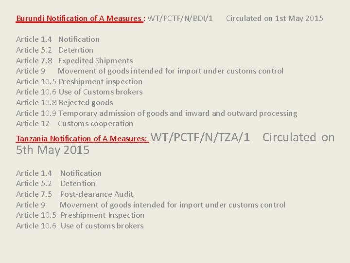 Burundi Notification of A Measures : WT/PCTF/N/BDI/1 Circulated on 1 st May 2015 Article