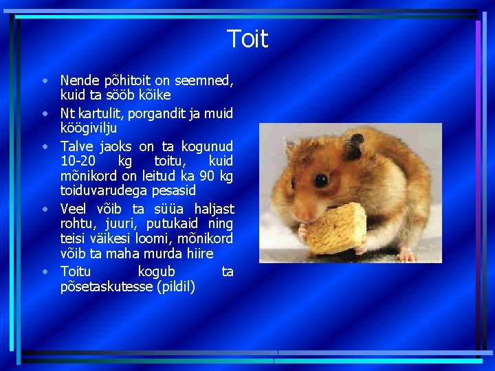 Toit • Nende põhitoit on seemned, kuid ta sööb kõike • Nt kartulit, porgandit