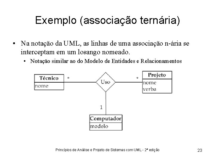 Exemplo (associação ternária) • Na notação da UML, as linhas de uma associação n-ária
