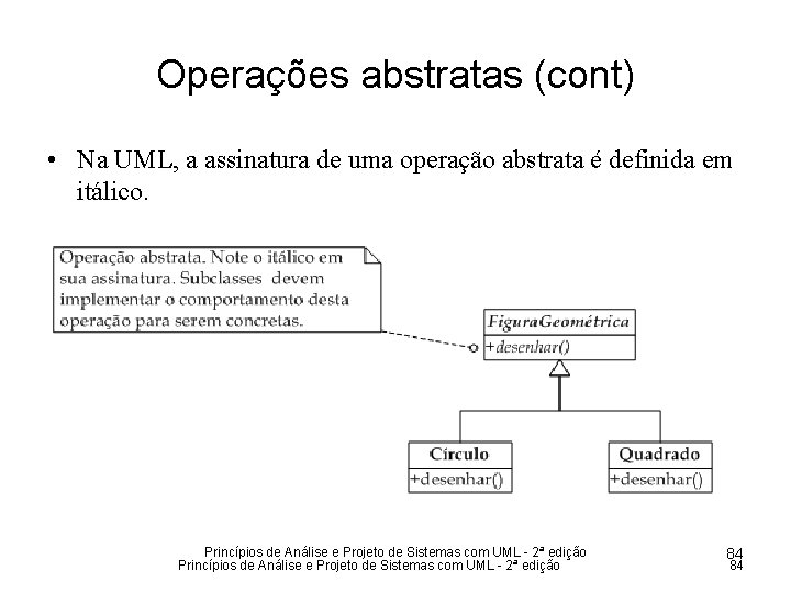 Operações abstratas (cont) • Na UML, a assinatura de uma operação abstrata é definida