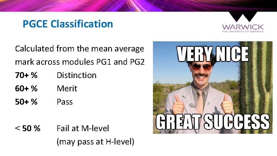 PGCE Classification Calculated from the mean average mark across modules PG 1 and PG