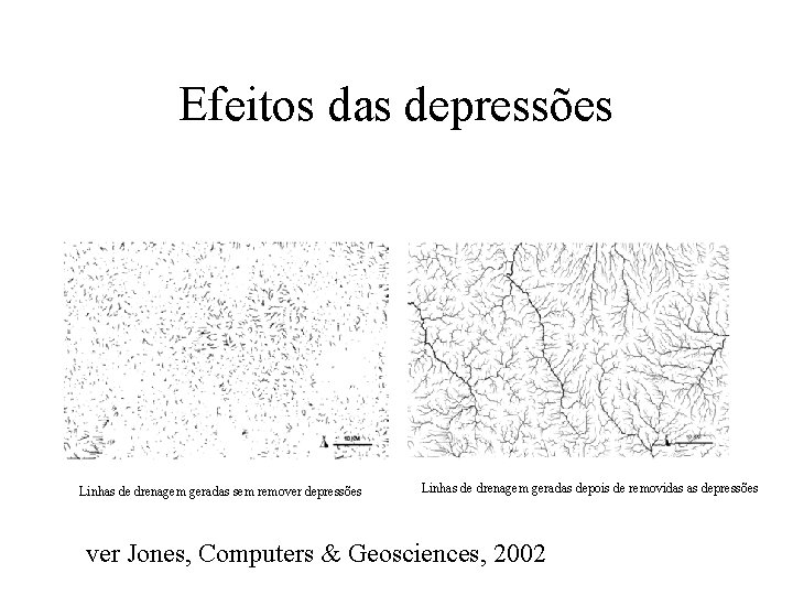 Efeitos das depressões Linhas de drenagem geradas sem remover depressões Linhas de drenagem geradas Efeitos das depressões Linhas de drenagem geradas sem remover depressões Linhas de drenagem geradas