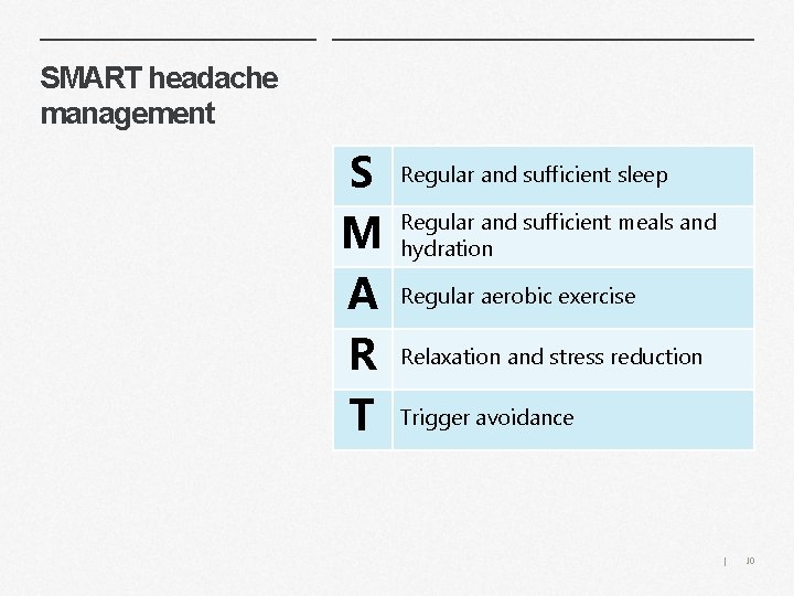 SMART headache management S M A R T Regular and sufficient sleep Regular and