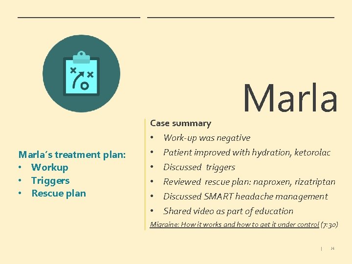 Case summary Marla’s treatment plan: • Workup • Triggers • Rescue plan • •