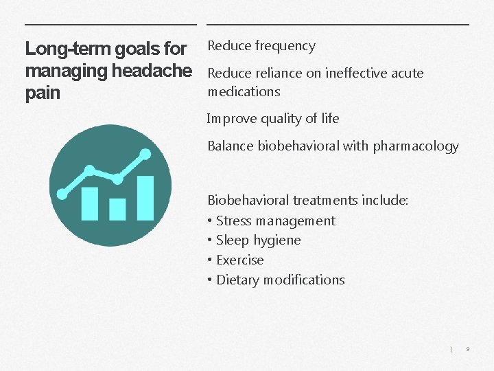 Long-term goals for managing headache pain Reduce frequency Reduce reliance on ineffective acute medications