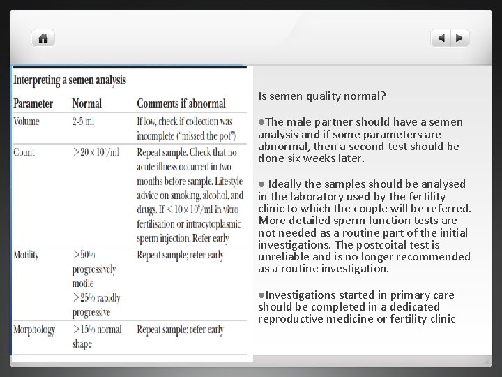 Is semen quality normal? l. The male partner should have a semen analysis and