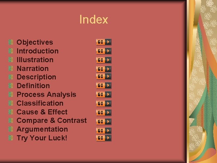 Index Objectives Introduction Illustration Narration Description Definition Process Analysis Classification Cause & Effect Compare