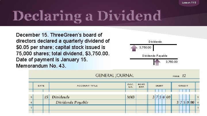 Lesson 11 -3 Declaring a Dividend December 15. Three. Green’s board of directors declared