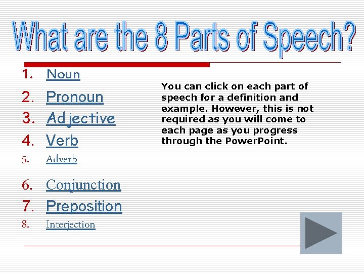 1. Noun 2. 3. 4. 5. Pronoun Adjective Verb Adverb 6. Conjunction 7. Preposition