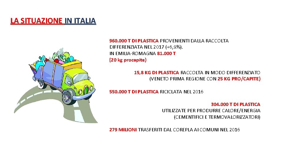 LA SITUAZIONE IN ITALIA 960. 000 T DI PLASTICA PROVENIENTI DALLA RACCOLTA DIFFERENZIATA NEL