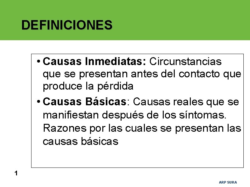 DEFINICIONES • Causas Inmediatas: Circunstancias que se presentan antes del contacto que produce la