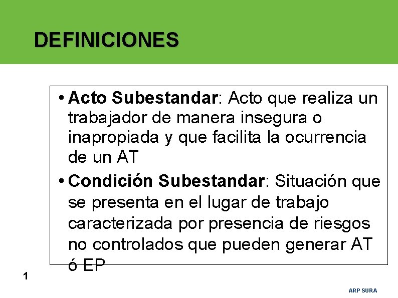 DEFINICIONES 1 • Acto Subestandar: Acto que realiza un trabajador de manera insegura o