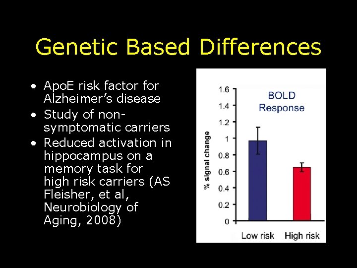 Genetic Based Differences • Apo. E risk factor for Alzheimer’s disease • Study of