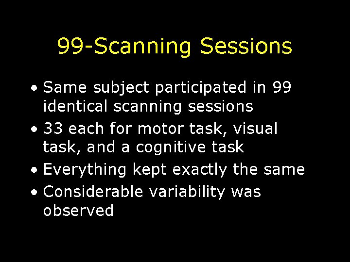 99 -Scanning Sessions • Same subject participated in 99 identical scanning sessions • 33