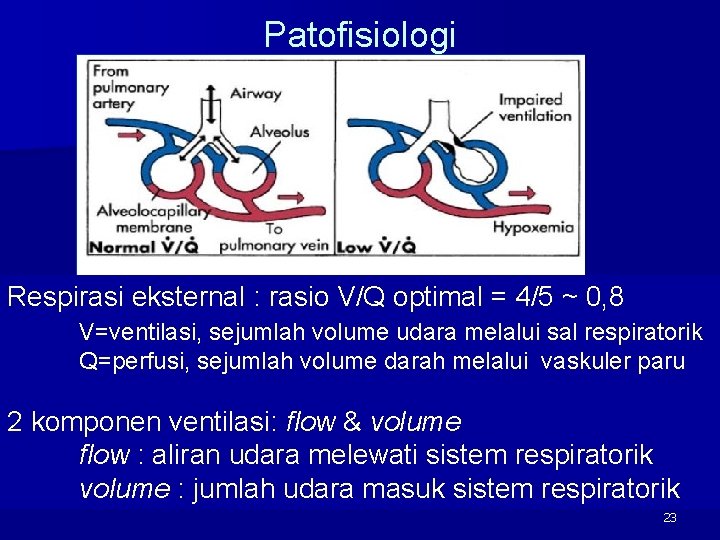 Patofisiologi Respirasi eksternal : rasio V/Q optimal = 4/5 ~ 0, 8 V=ventilasi, sejumlah