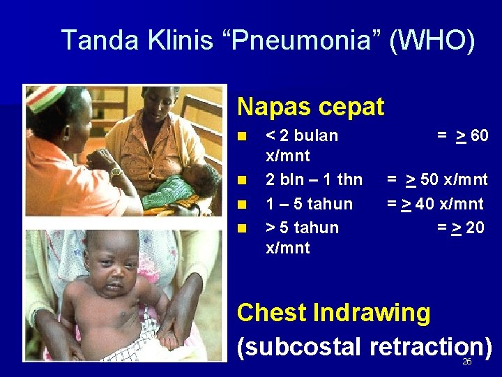 Tanda Klinis “Pneumonia” (WHO) Napas cepat n n < 2 bulan x/mnt 2 bln