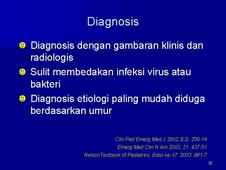 Diagnosis dengan gambaran klinis dan radiologis Sulit membedakan infeksi virus atau bakteri Diagnosis etiologi