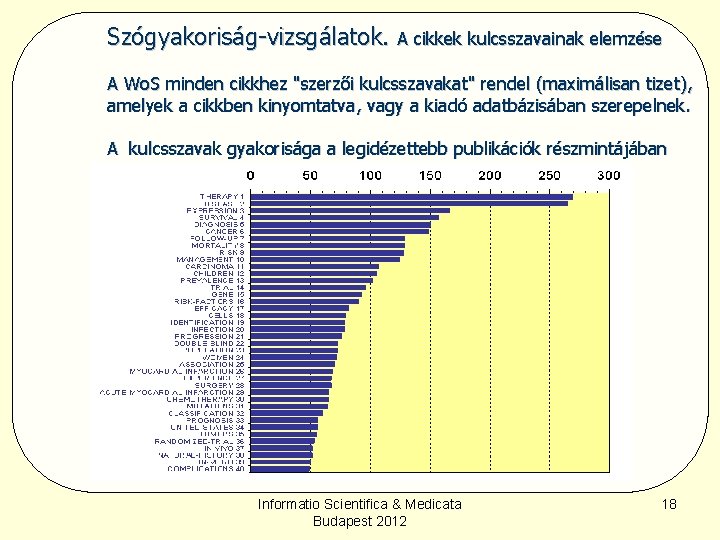 Szógyakoriság-vizsgálatok. A cikkek kulcsszavainak elemzése A Wo. S minden cikkhez "szerzői kulcsszavakat" rendel (maximálisan