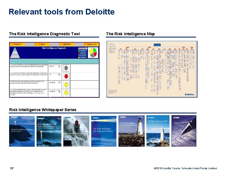 Relevant tools from Deloitte The Risk Intelligence Diagnostic Tool The Risk Intelligence Map Risk