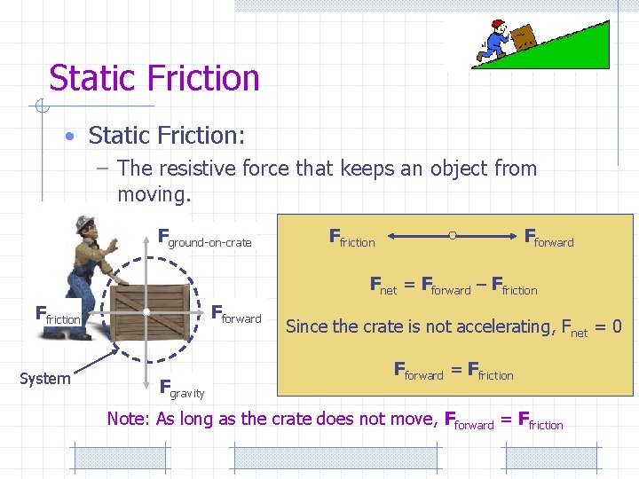 Static Friction • Static Friction: – The resistive force that keeps an object from