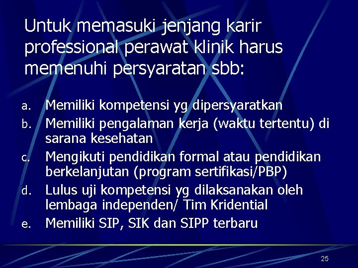 Untuk memasuki jenjang karir professional perawat klinik harus memenuhi persyaratan sbb: Memiliki kompetensi yg