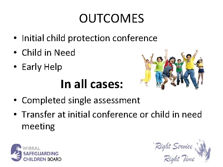 OUTCOMES • Initial child protection conference • Child in Need • Early Help In