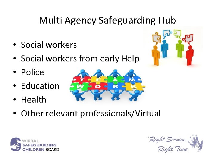Multi Agency Safeguarding Hub • • • Social workers from early Help Police Education