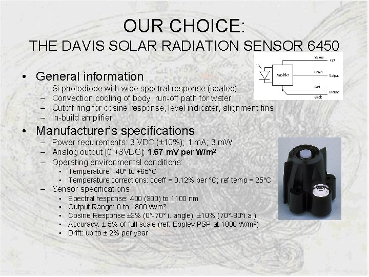 OUR CHOICE: THE DAVIS SOLAR RADIATION SENSOR 6450 • General information – – Si