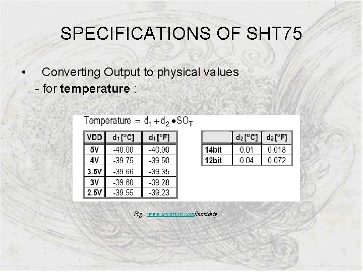 SPECIFICATIONS OF SHT 75 • Converting Output to physical values - for temperature :