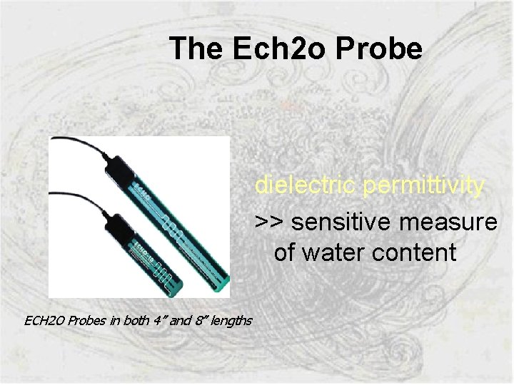 The Ech 2 o Probe dielectric permittivity >> sensitive measure of water content ECH