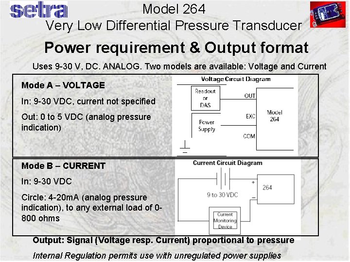 Model 264 Very Low Differential Pressure Transducer Power requirement & Output format Uses 9