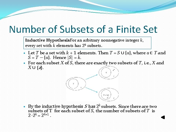 Number of Subsets of a Finite Set Inductive Hypothesis : For an arbitrary nonnegative