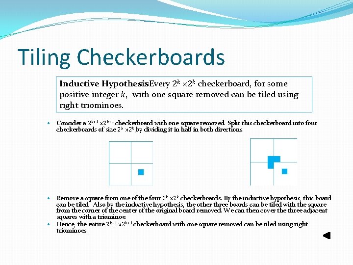Tiling Checkerboards Inductive Hypothesis : Every 2 k × 2 k checkerboard, for some