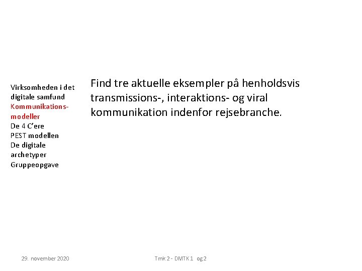 Virksomheden i det digitale samfund Kommunikationsmodeller De 4 C’ere PEST modellen De digitale archetyper