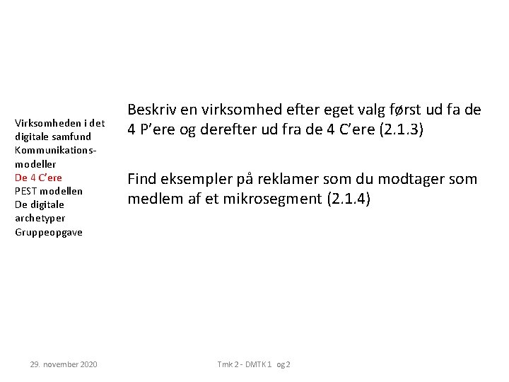 Virksomheden i det digitale samfund Kommunikationsmodeller De 4 C’ere PEST modellen De digitale archetyper