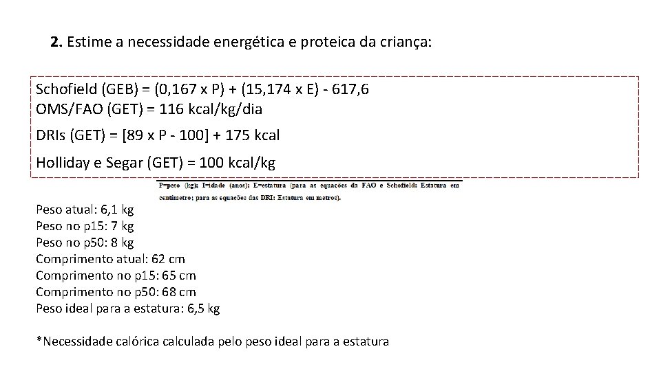 2. Estime a necessidade energética e proteica da criança: Schofield (GEB) = (0, 167