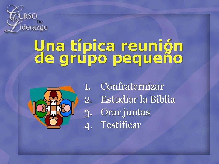 Una típica reunión de grupo pequeño 1. 2. 3. 4. Confraternizar Estudiar la Biblia