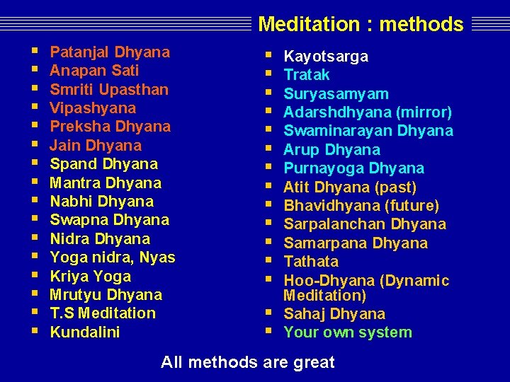 Meditation : methods § § § § Patanjal Dhyana Anapan Sati Smriti Upasthan Vipashyana Meditation : methods § § § § Patanjal Dhyana Anapan Sati Smriti Upasthan Vipashyana