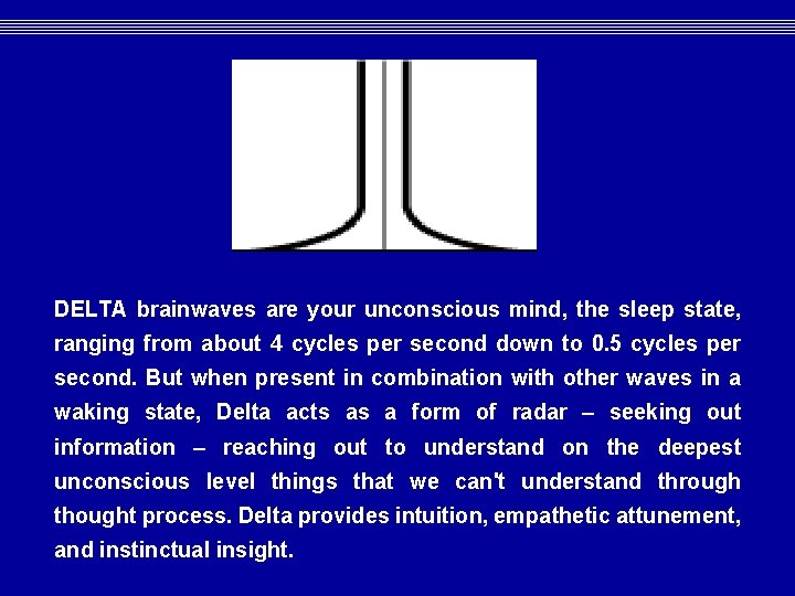 DELTA brainwaves are your unconscious mind, the sleep state, ranging from about 4 cycles DELTA brainwaves are your unconscious mind, the sleep state, ranging from about 4 cycles