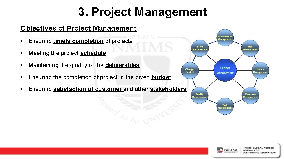 3. Project Management Objectives of Project Management • Ensuring timely completion of projects •