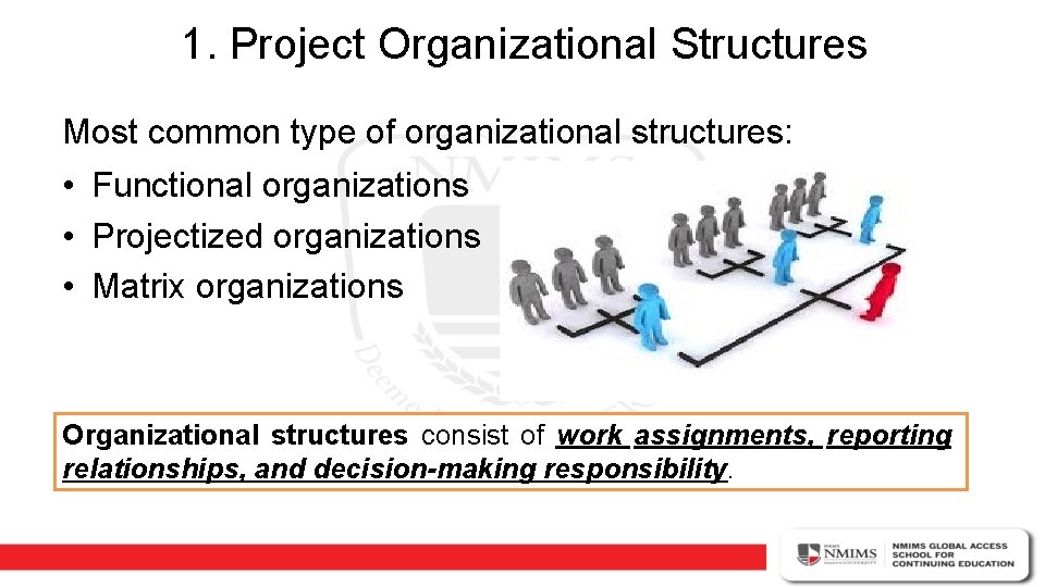 1. Project Organizational Structures Most common type of organizational structures: • Functional organizations •